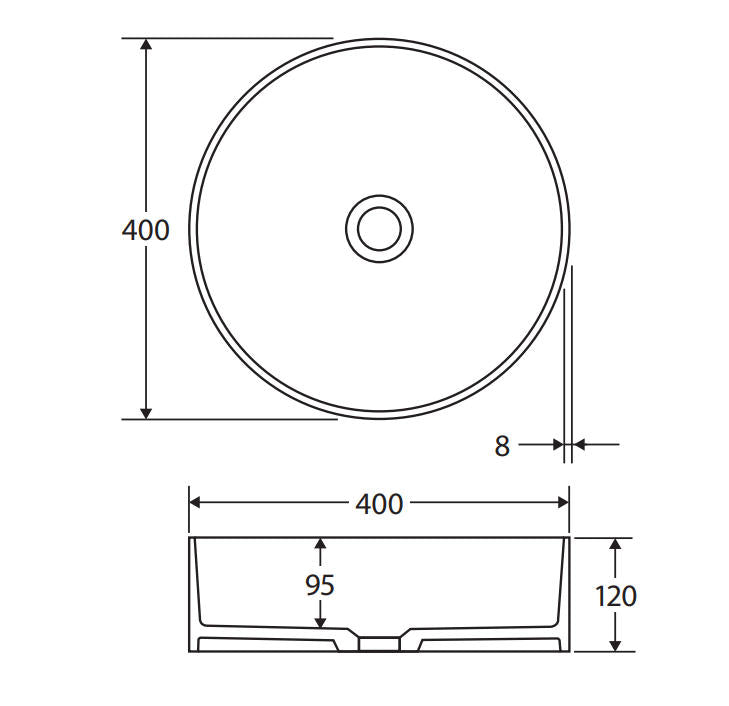400x400x120mm Fienza Minka Round Solid Surface Above Counter Basin In Various Colour