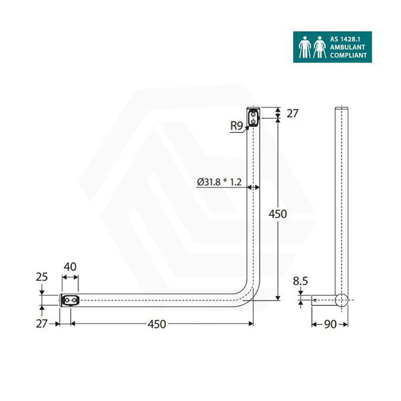 Fienza Care 450x450mm Slimline 90° Ambulant Stainless Steel Reversible Left/Right Hand Grab Rail In Various Colors