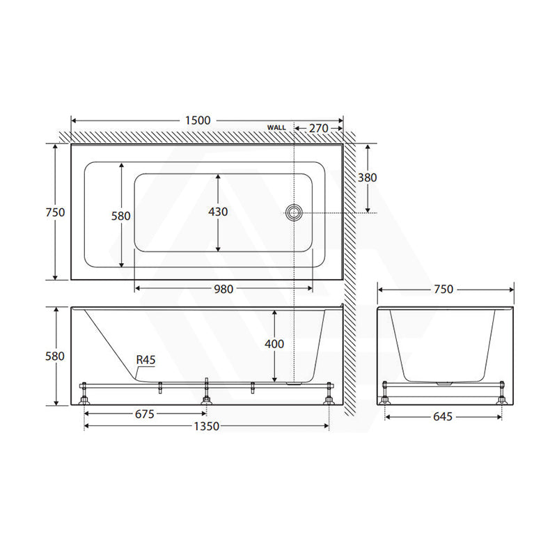 Fienza Sentor Acrylic Left/Right Corner Bathtub 1500/1650mm Overflow Available - Gloss White