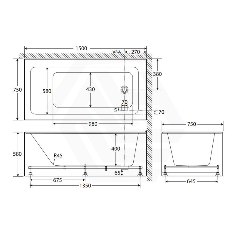 Fienza Sentor Acrylic Left/Right Corner Bathtub 1500/1650mm Overflow Available - Gloss White