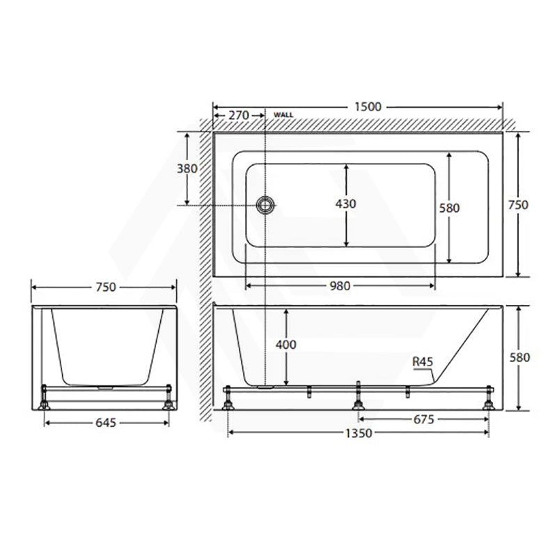 Fienza Sentor Acrylic Left/Right Corner Bathtub 1500/1650mm Overflow Available - Gloss White