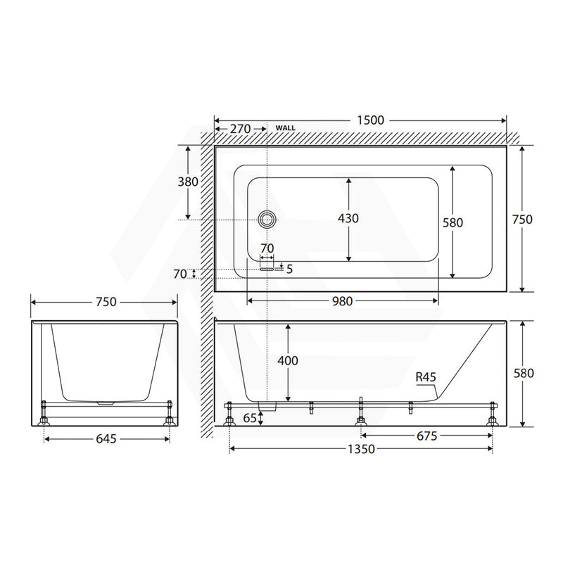 Fienza Sentor Acrylic Left/Right Corner Bathtub 1500/1650mm Overflow Available - Gloss White
