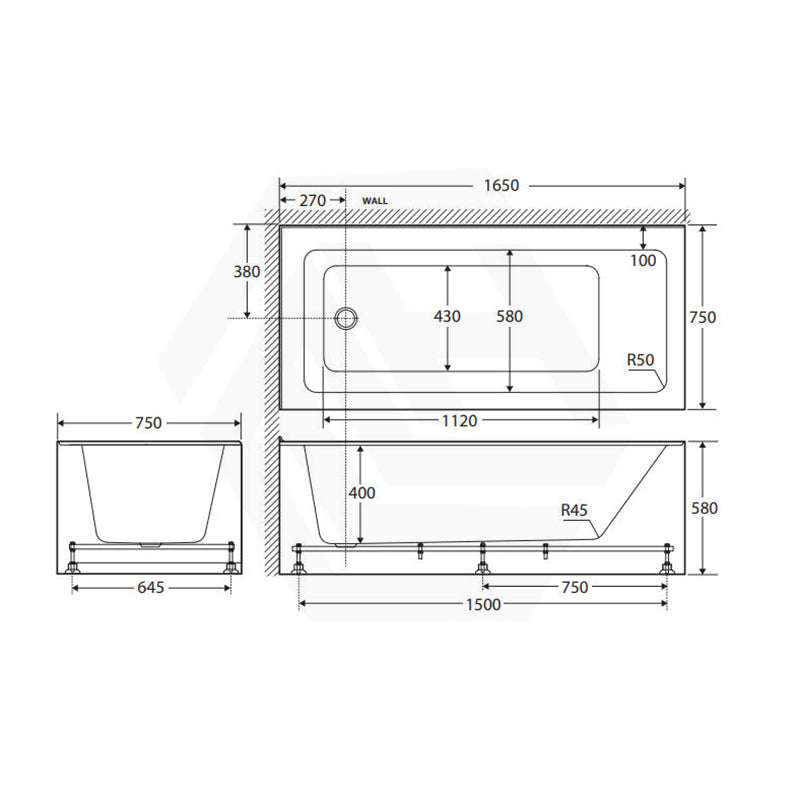 Fienza Sentor Acrylic Left/Right Corner Bathtub 1500/1650mm Overflow Available - Gloss White