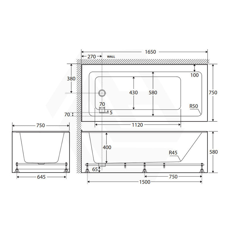 Fienza Sentor Acrylic Left/Right Corner Bathtub 1500/1650mm Overflow Available - Gloss White