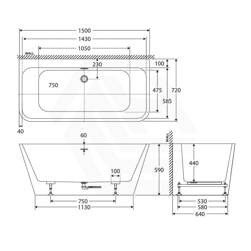 Fienza Delta Acrylic Back To Wall Bathtub with Overflow 1500x720x590mm - Gloss White