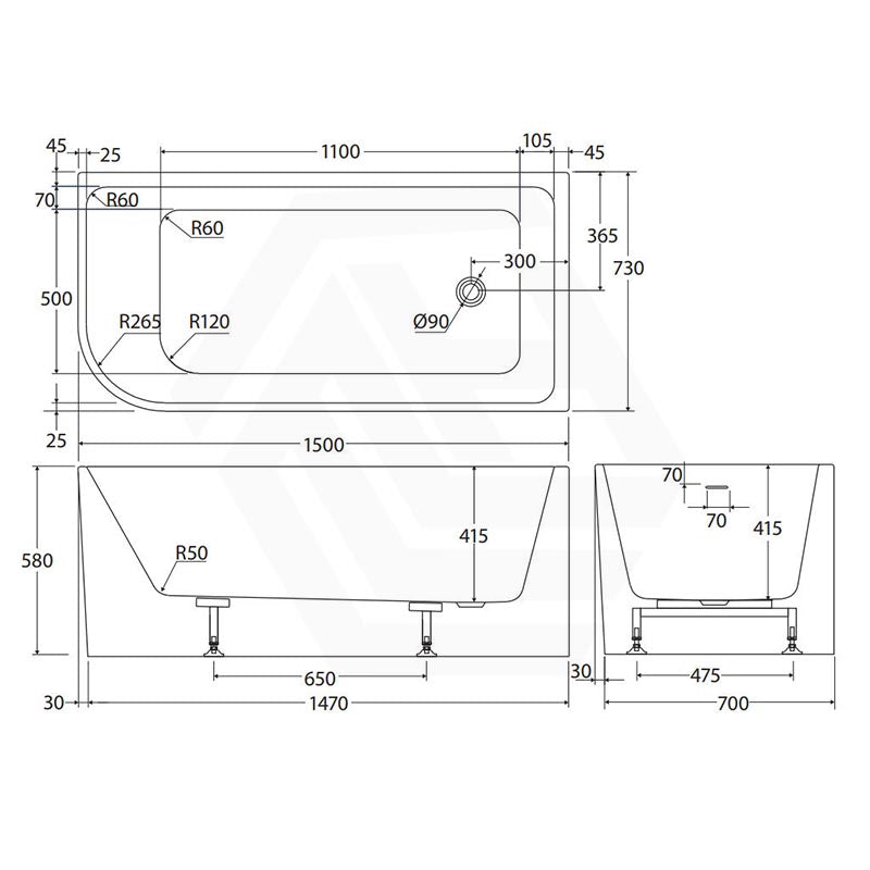 Fienza Hustle Acrylic Multi-Fit Left/Right Corner Bathtub with Overflow 1500/1700mm - Gloss White
