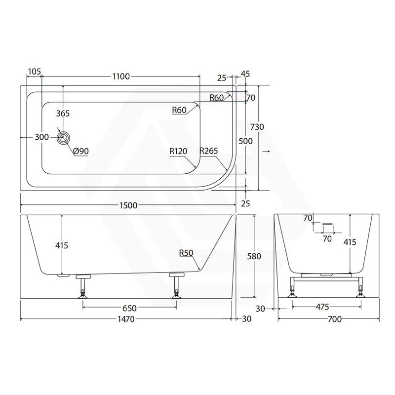 Fienza Hustle Acrylic Multi-Fit Left/Right Corner Bathtub with Overflow 1500/1700mm - Gloss White