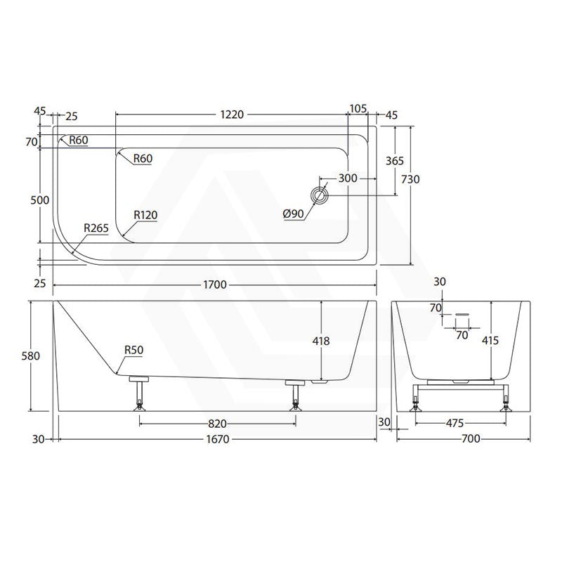Fienza Hustle Acrylic Multi-Fit Left/Right Corner Bathtub with Overflow 1500/1700mm - Gloss White