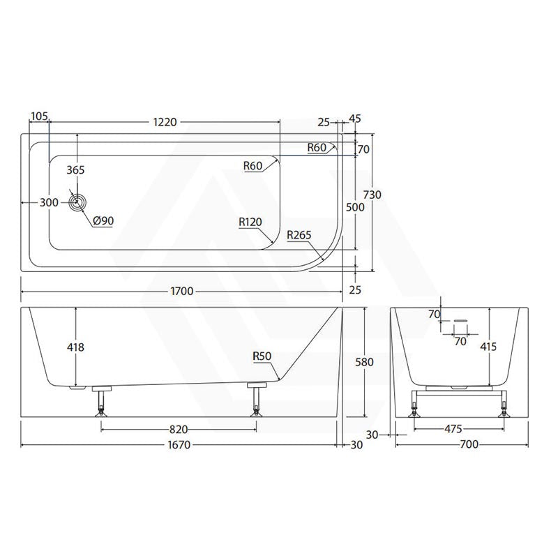 Fienza Hustle Acrylic Multi-Fit Left/Right Corner Bathtub with Overflow 1500/1700mm - Gloss White