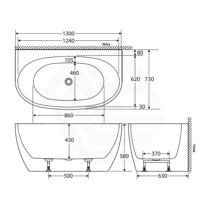 Fienza Keeto Acrylic Back To Wall Bathtub Overflow Available 1300/1500/1700mm - Gloss White