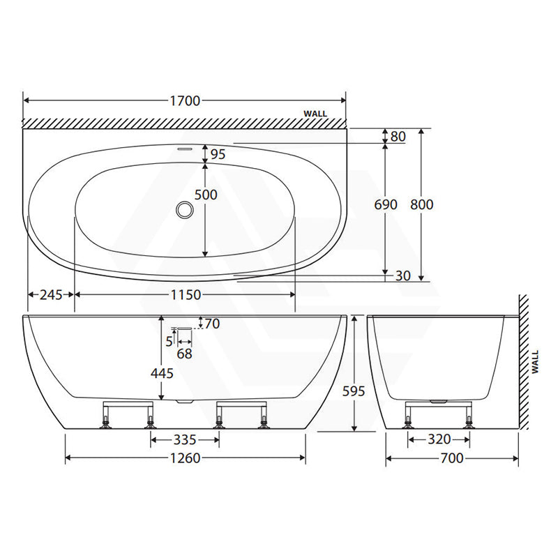 Fienza Keeto Acrylic Back To Wall Bathtub Overflow Available 1300/1500/1700mm - Gloss White