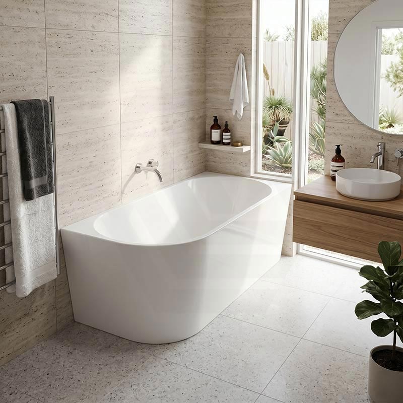 Fienza Isabella Acrylic Right Corner Bathtub NO Overflow 1500mm - Gloss White/ Matt White