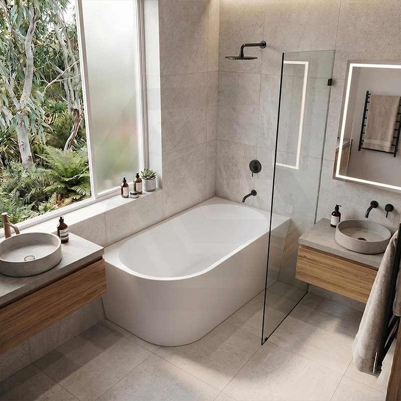 Fienza Isabella Acrylic Right Corner Bathtub NO Overflow 1500mm - Gloss White/ Matt White