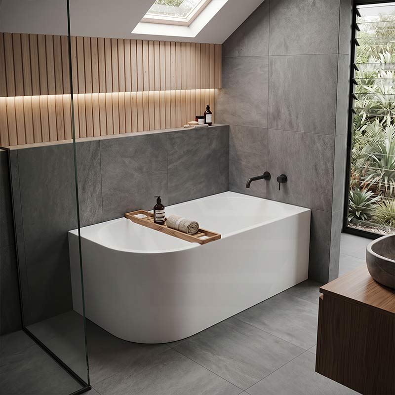 Fienza Isabella Acrylic Right Corner Bathtub NO Overflow 1500mm - Gloss White/ Matt White