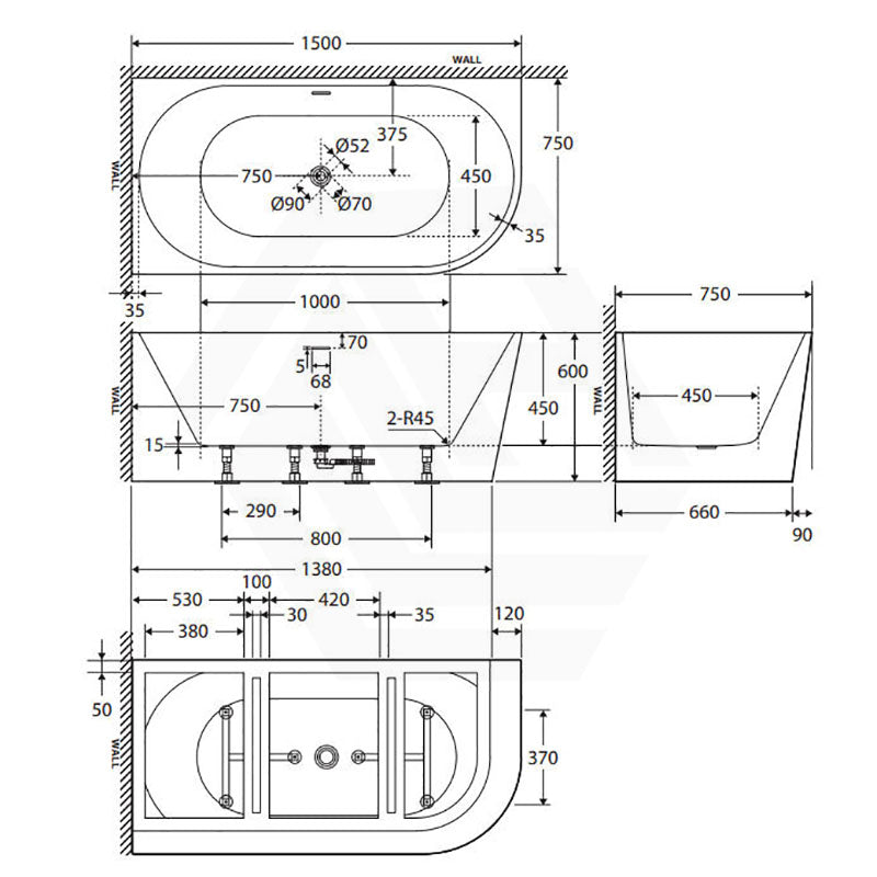 Fienza Isabella Acrylic Left/Right Corner Bathtub with Overflow 1500/1700mm - Gloss White / Matt White