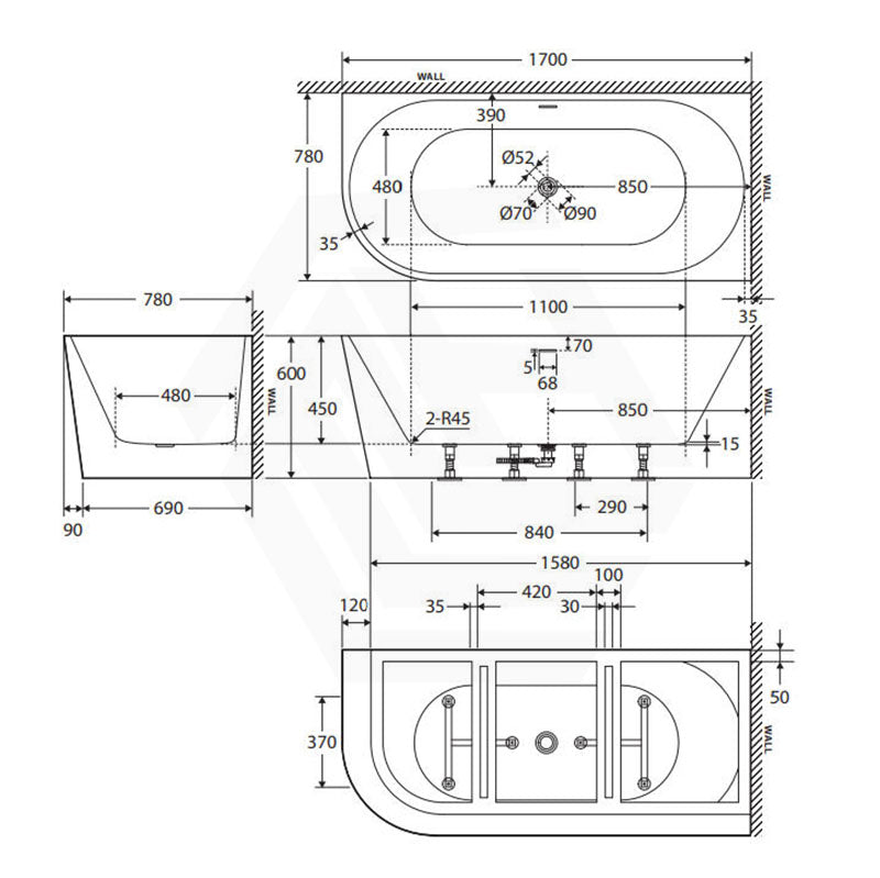 Fienza Isabella Acrylic Left/Right Corner Bathtub with Overflow 1500/1700mm - Gloss White / Matt White