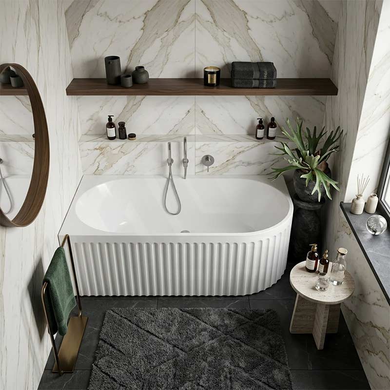 Fienza Eleanor Acrylic Fluted Left/Right Corner Bathtub Overflow Available 1500mm - Gloss White