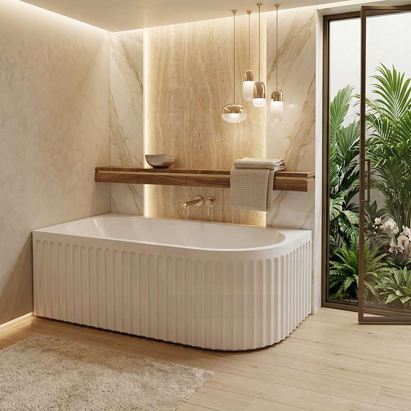 Fienza Eleanor Acrylic Fluted Left/Right Corner Bathtub Overflow Available 1500mm - Gloss White