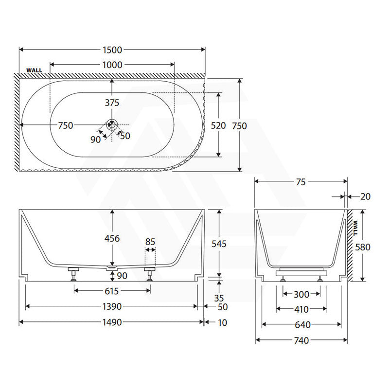 Fienza Eleanor Acrylic Fluted Left/Right Corner Bathtub Overflow Available 1500mm - Gloss White