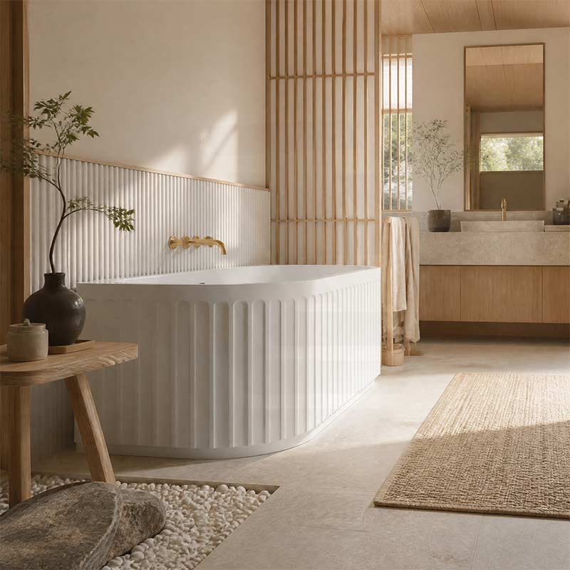 Fienza Eleanor Acrylic Fluted Back To Wall Bathtub with Overflow 1500/1700mm - Gloss White