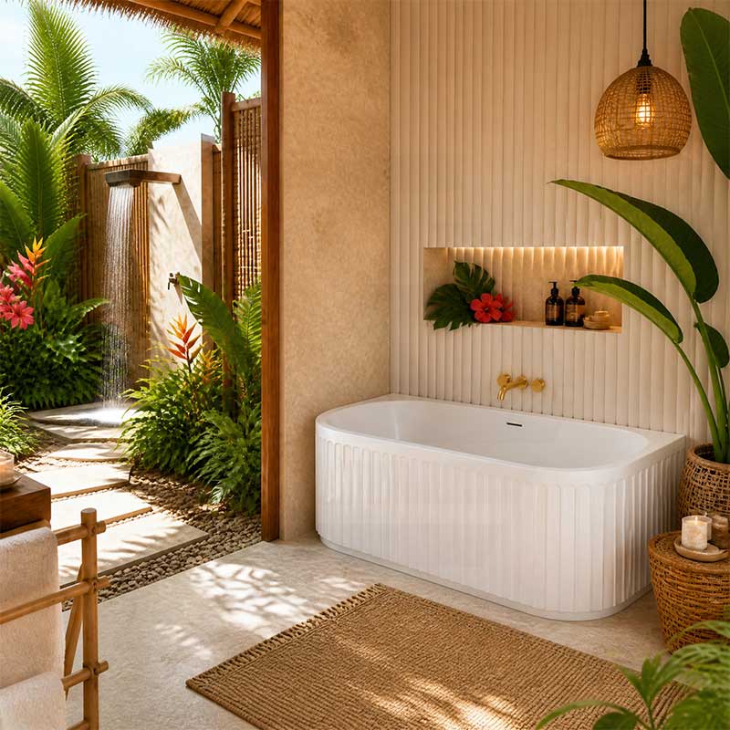 Fienza Eleanor Acrylic Fluted Back To Wall Bathtub with Overflow 1500/1700mm - Gloss White