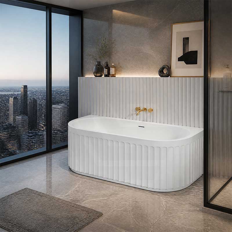Fienza Eleanor Acrylic Fluted Back To Wall Bathtub with Overflow 1500/1700mm - Gloss White