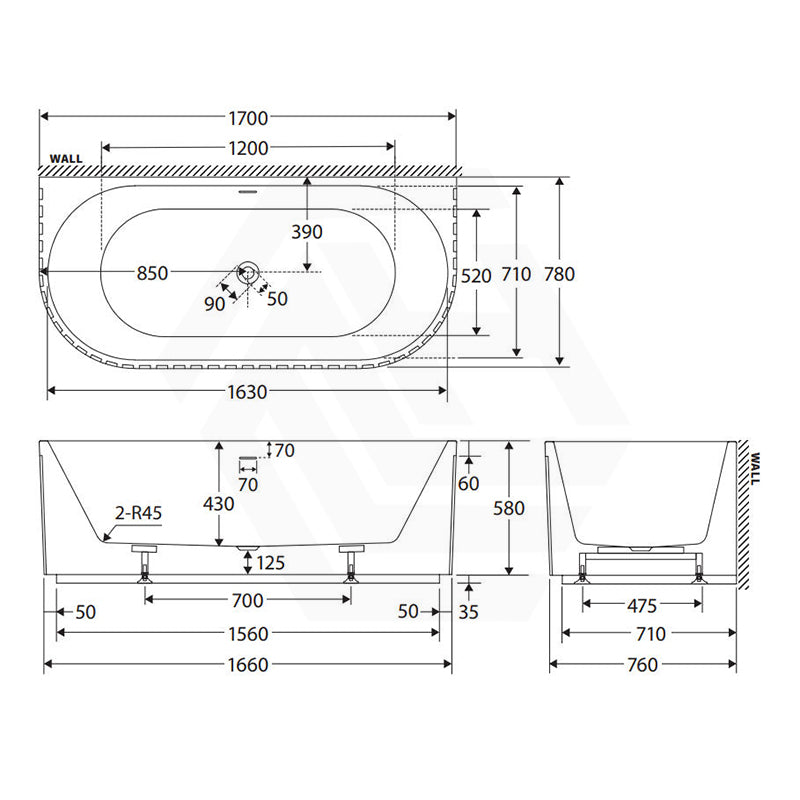 Fienza Eleanor Acrylic Fluted Back To Wall Bathtub with Overflow 1500/1700mm - Gloss White