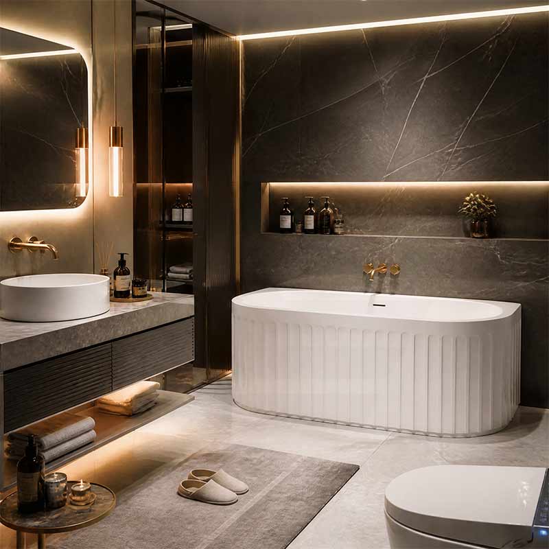 Fienza Eleanor Acrylic Fluted Back To Wall Bathtub with Overflow 1500/1700mm - Gloss White