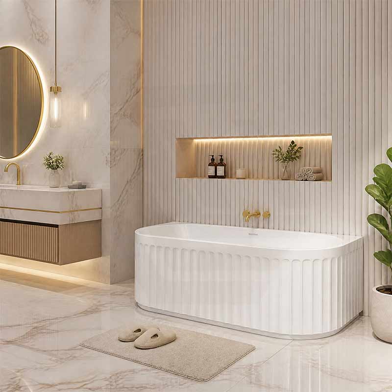 Fienza Eleanor Acrylic Fluted Back To Wall Bathtub with Overflow 1500/1700mm - Gloss White