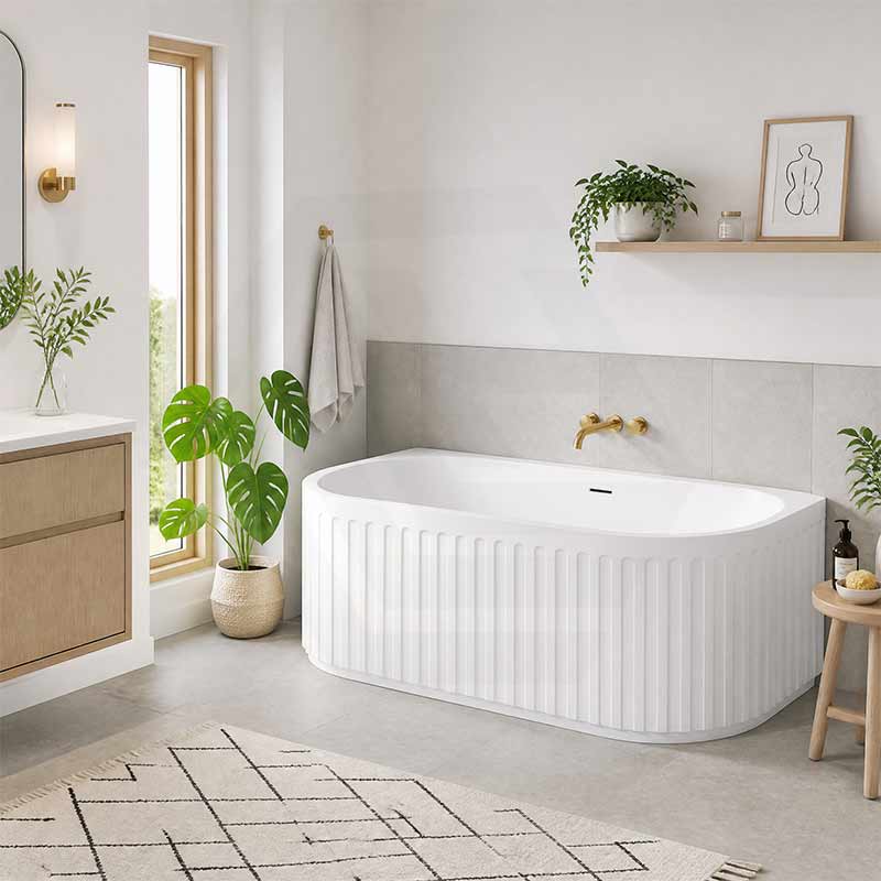 Fienza Eleanor Acrylic Fluted Back To Wall Bathtub with Overflow 1500/1700mm - Gloss White