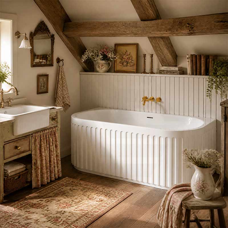 Fienza Eleanor Acrylic Fluted Back To Wall Bathtub with Overflow 1500/1700mm - Gloss White