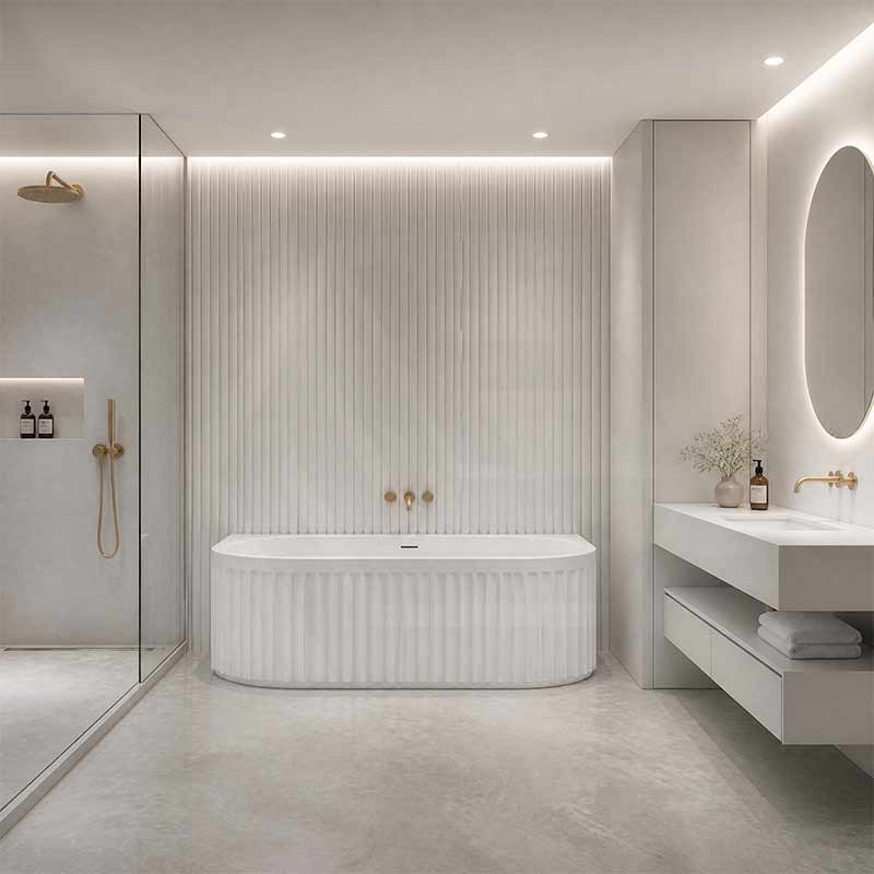 Fienza Eleanor Acrylic Fluted Back To Wall Bathtub with Overflow 1500/1700mm - Gloss White