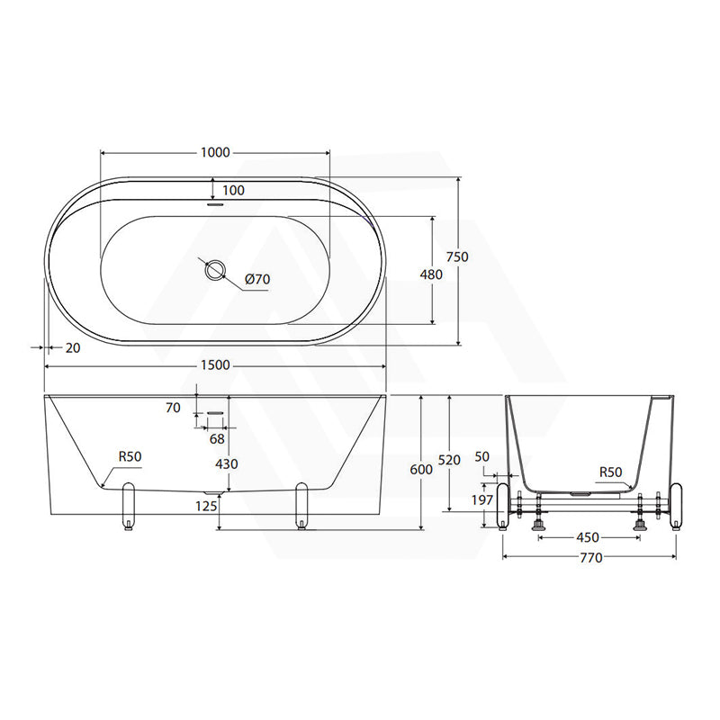 Fienza Aluca Acrylic Oval Freestanding Bathtub with Overflow & Adjustable Legs 1500/1700mm - Variant Colour