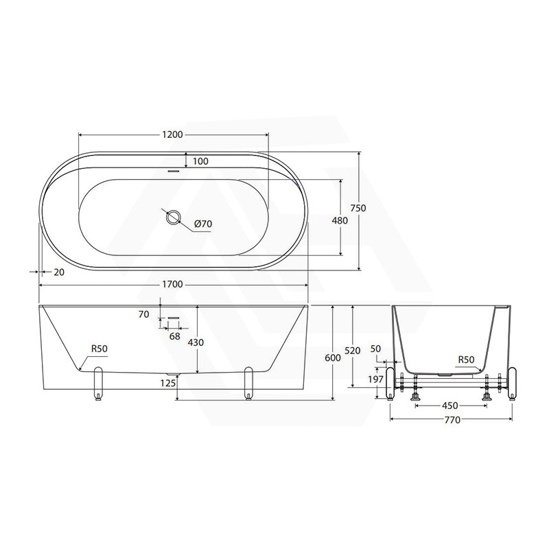 Fienza Aluca Acrylic Oval Freestanding Bathtub with Overflow & Adjustable Legs 1500/1700mm - Variant Colour