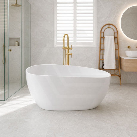 Fienza Dayo Freestanding Acrylic Bathtub Asymmetrical Shape NO Overflow 1500mm - Gloss White