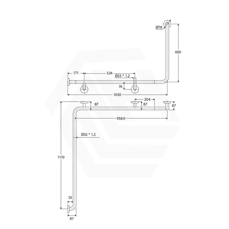 Fienza 1110mm 90° Care Accessible Wrap Around Grab Rail Left/Right-Hand Brushed Stainless Steel/Matt Black