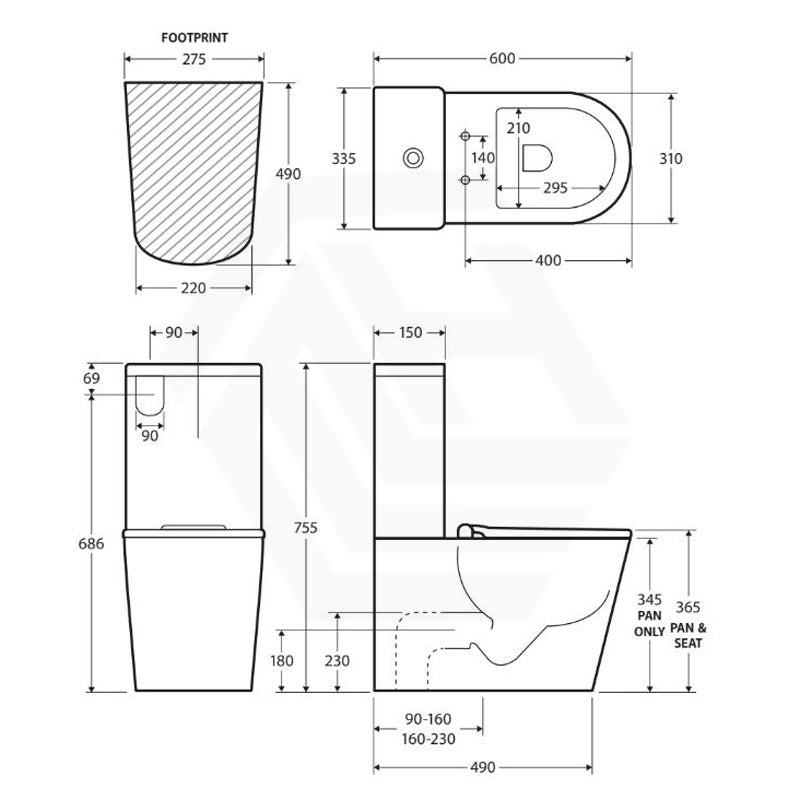 Fienza 600x335x755mm Isabella Junior Rimless Tornado Flush Back to Wall Toilet Suite with Gloss White/Black Seat