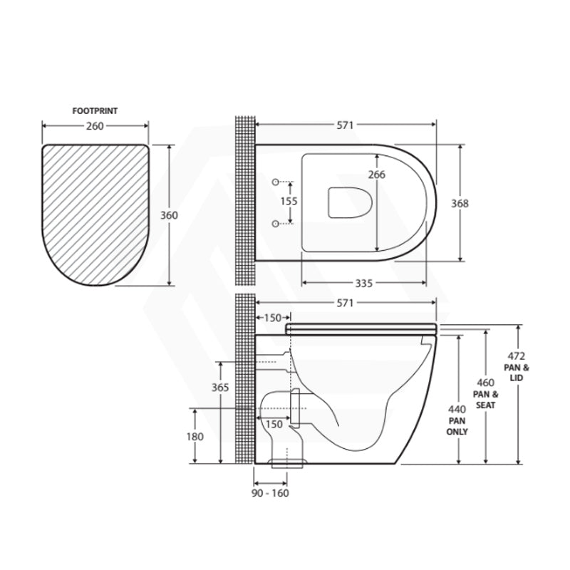 Fienza Alix Extra Height Rimless Wall-Faced Toilet Pan with Slim Seat Option 571x368x465/472mm - Gloss White