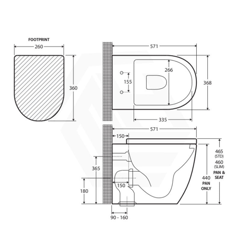 Fienza Alix Extra Height Rimless Wall-Faced Toilet Pan with Slim Seat Option 571x368x465/472mm - Gloss White