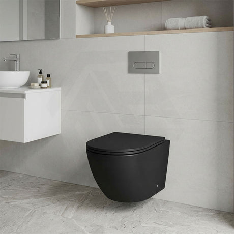 Fienza Koko Tornado Rimless Wall Hung Toilet Pan with Slim Seat 490x365x350mm - Matt Black/Matt White