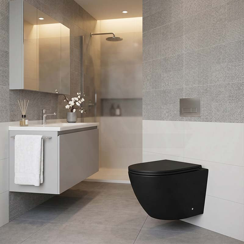 Fienza Koko Tornado Rimless Wall Hung Toilet Pan Only with Slim Seat 490x365x350mm - Matt Black/Matt White