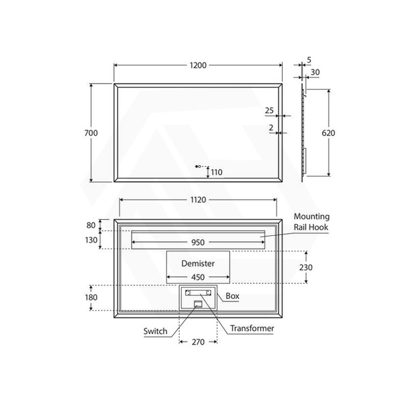 1200x700mm Fienza Hampton Rectangular Pencil Edge Frontlit LED Mirror Touch Sensor