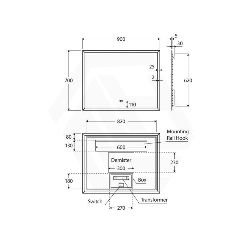 900x700mm Fienza Hampton Rectangular Pencil Edge Frontlit LED Mirror Touch Sensor