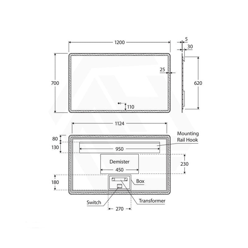 1200x700mm Fienza Luciana Rectangular Frosted Edge Frontlit LED Mirror Touch Sensor Vertical/Horizontal