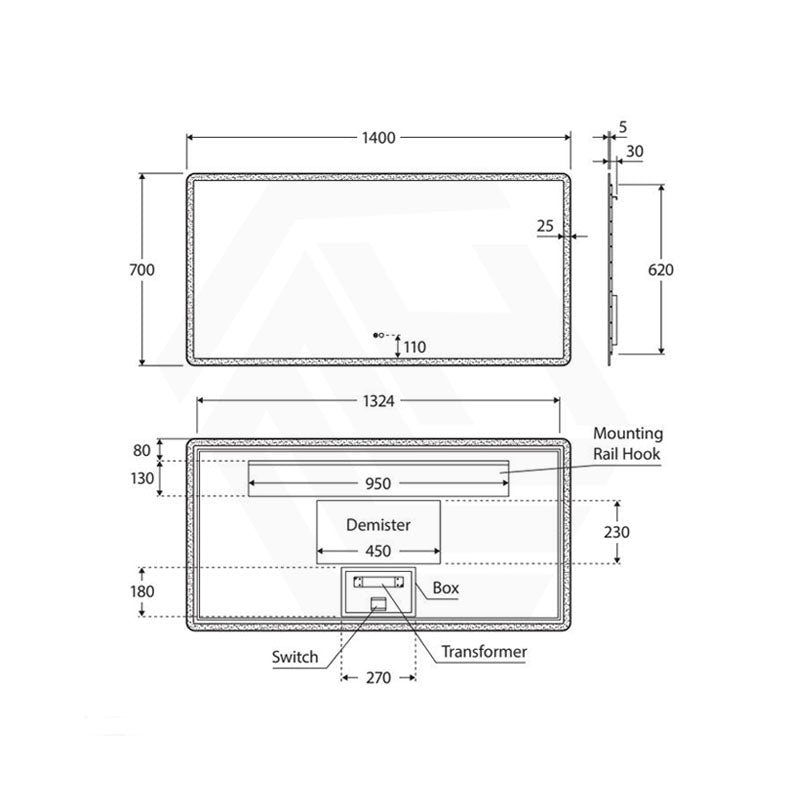 1400x700mm Fienza Luciana Rectangular Frosted Edge Frontlit LED Mirror Touch Sensor Vertical/Horizontal