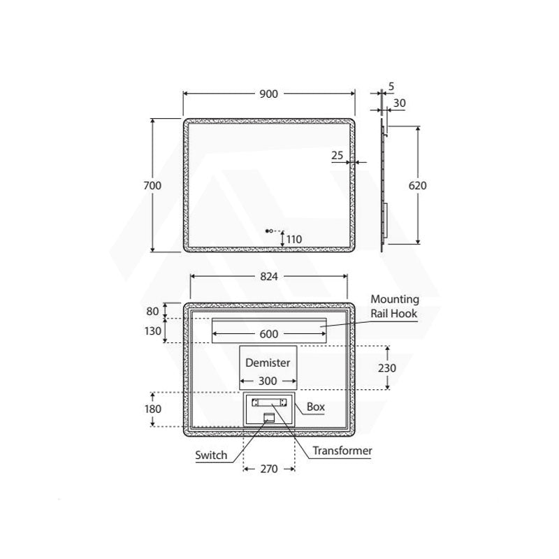 900x700mm Fienza Luciana Rectangular Frosted Edge Frontlit LED Mirror Touch Sensor Vertical/Horizontal
