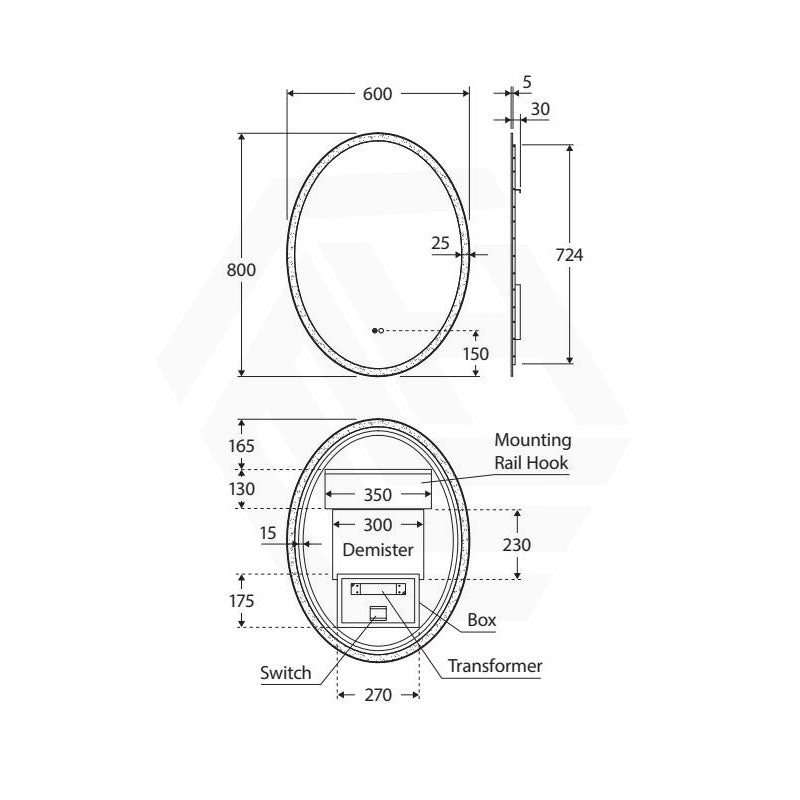 600x800mm Fienza Antonia Oval Frosted Edge Frontlit LED Mirror Touch Sensor