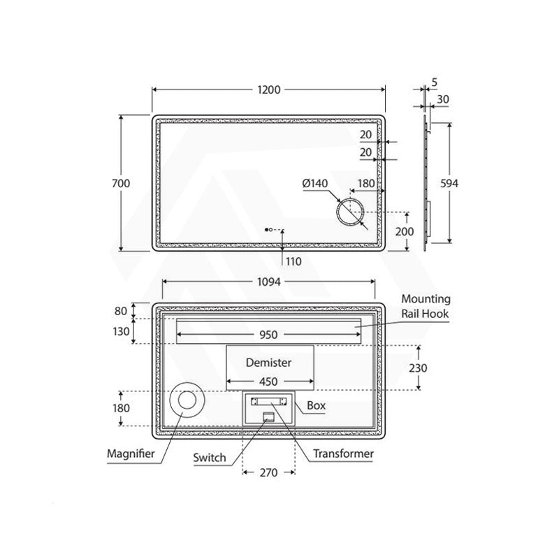 1200x700mm Fienza Deejay Rectangular Frosted Edge Frontlit LED Mirror with 3x Magnifier Vertical/Horizontal