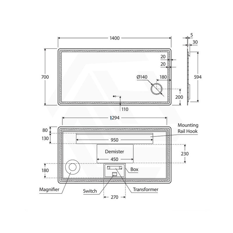 1400x700mm Fienza Deejay Rectangular Frosted Edge Frontlit LED Mirror with 3x Magnifier Vertical/Horizontal