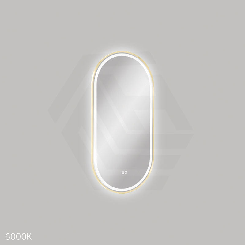 450x900mm Fienza Empire Pill Framed Touch Sensor Frontlit LED Mirror Vertical/Horizontal Brushed Gold